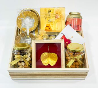 Golden Dussehra Delights: Festive Gift Hamper with Exquisite Palm Leaf Photo Frame, Mixed Nuts, Mysore Pak, and Sweet Surprises