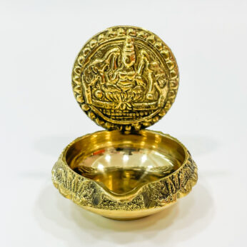 Sri Lakshmi Kubera vilakku (Brass) for poojas: L 3 x W 2.25 x H 2.5 inches
