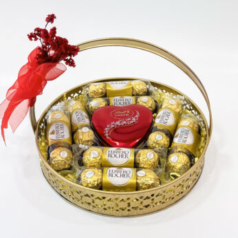 Dhanteras Gift Baskets for Her with Lindt, Ferrero Rocher, and Brass Basket