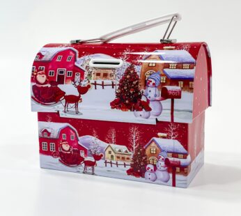 Festive Cheer Christmas Tinplate Box Storage – Red and White Iron Container (6 3/4x3x7)