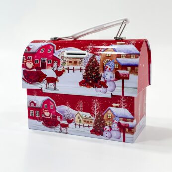 Festive Cheer Christmas Tinplate Box Storage – Red and White Iron Container (6 3/4x3x7)