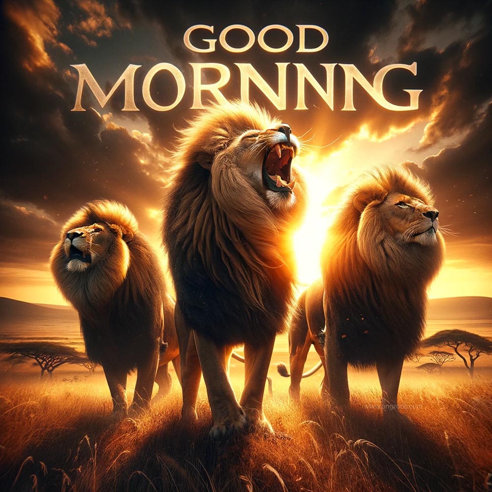 A powerful good morning wish image featuring three lions roaring in the savannah at dawn India's Favourite Online Gift Shop