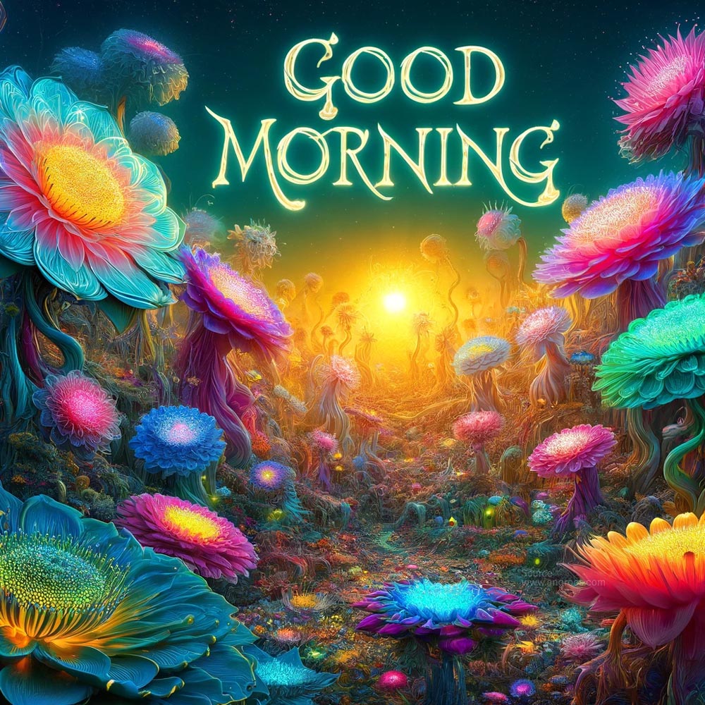 A unique good morning wish image featuring an otherworldly garden filled with fantastical never before seen flowers India's Favourite Online Gift Shop