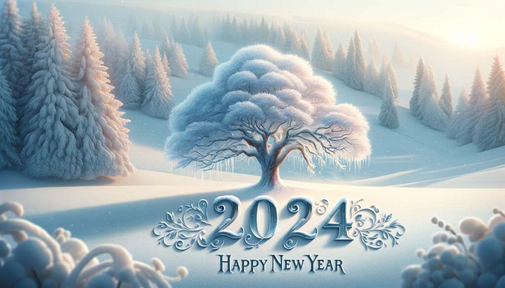 Happy New Year wishes Snow tree 2024