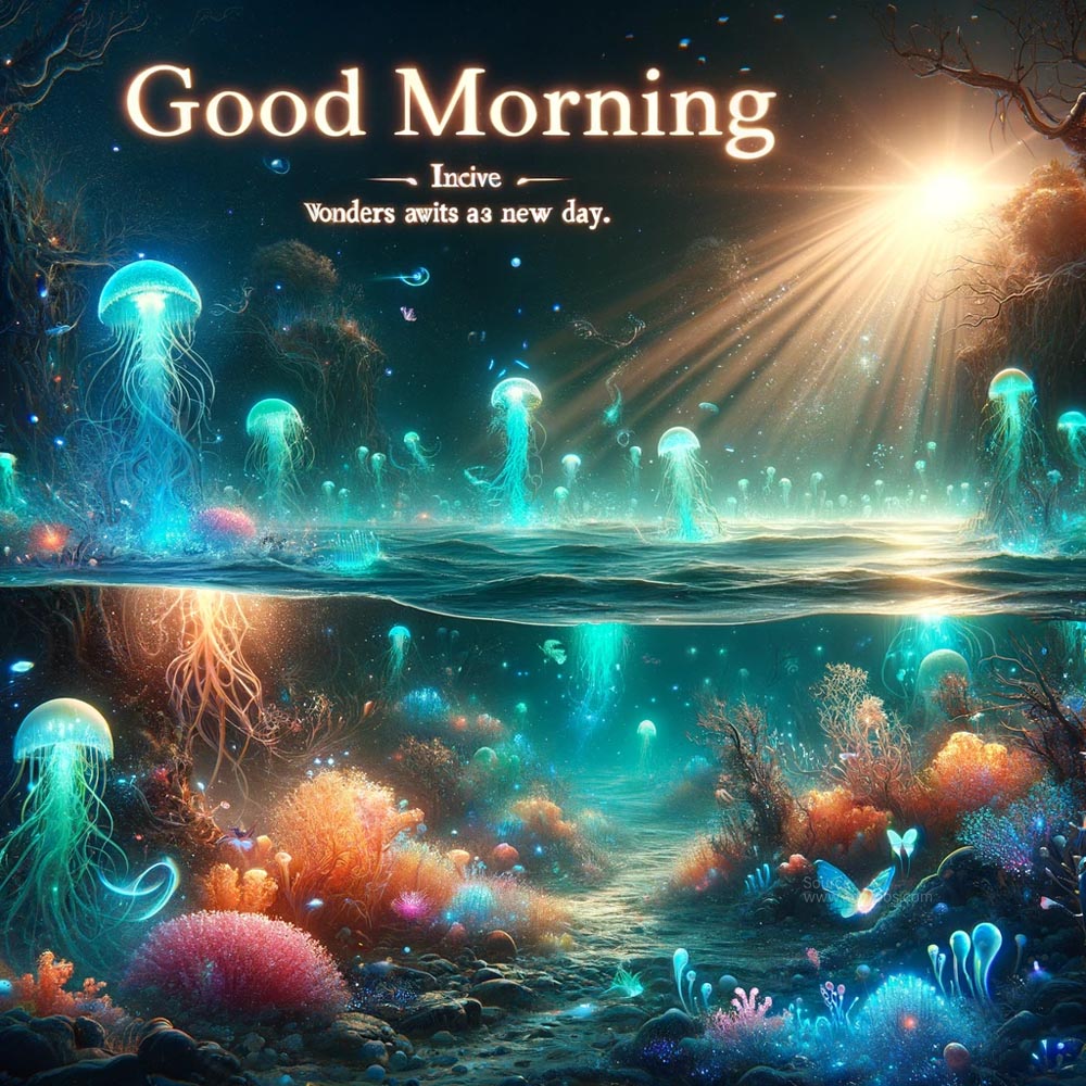 DALL┬╖E 2024 05 18 08.06.49 A captivating good morning wish image set in an underwater world where the ocean floor is lit by the ethereal glow of bioluminescent plants and creatu India's Favourite Online Gift Shop