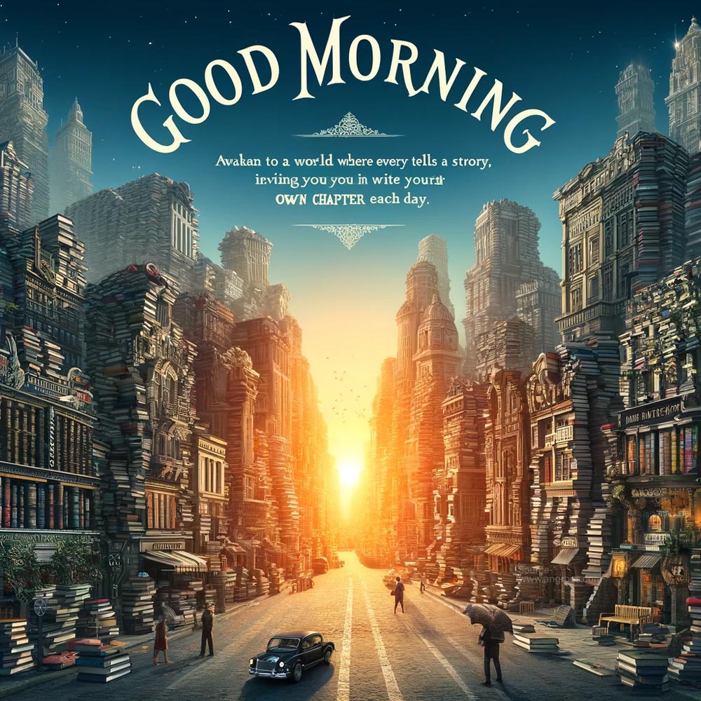 DALL┬╖E 2024 05 18 08.06.58 A distinctive good morning wish image featuring a cityscape where the buildings are crafted from books and typewriters symbolizing knowledge and comm India's Favourite Online Gift Shop