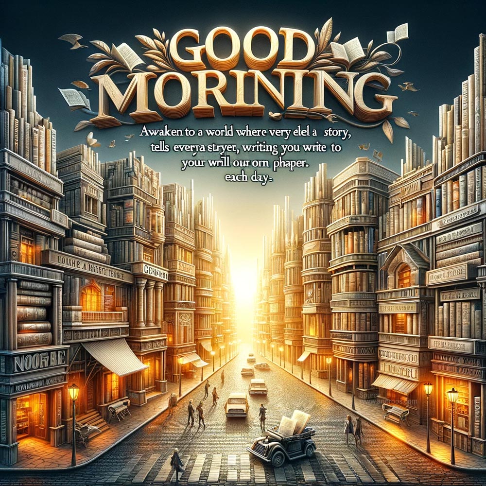 DALL┬╖E 2024 05 18 08.06.59 A distinctive good morning wish image featuring a cityscape where the buildings are crafted from books and typewriters symbolizing knowledge and comm India's Favourite Online Gift Shop