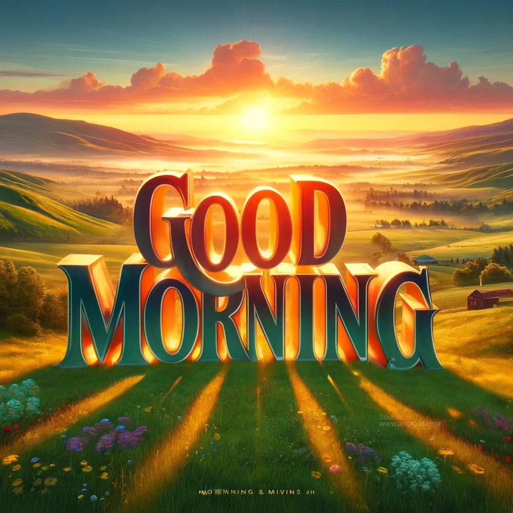 DALL┬╖E 2024 05 18 08.08.44 A striking good morning wish image featuring a vibrant sunrise over a scenic countryside landscape. The Good Morning text is prominently displayed i India's Favourite Online Gift Shop