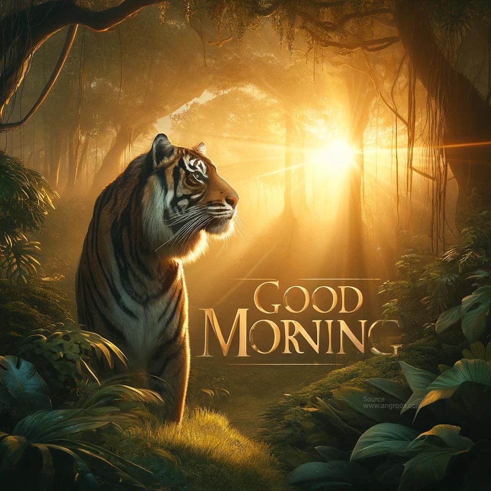 DALL┬╖E 2024 05 18 08.08.49 A captivating good morning wish image featuring a majestic tiger in a lush jungle at dawn. The scene shows the tiger standing proudly among dense foli India's Favourite Online Gift Shop