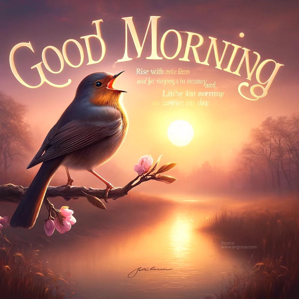 DALL┬╖E 2024 05 18 08.08.56 A beautiful good morning wish image featuring an early bird perched on a branch in a serene landscape at dawn. The scene captures the bird singing its India's Favourite Online Gift Shop