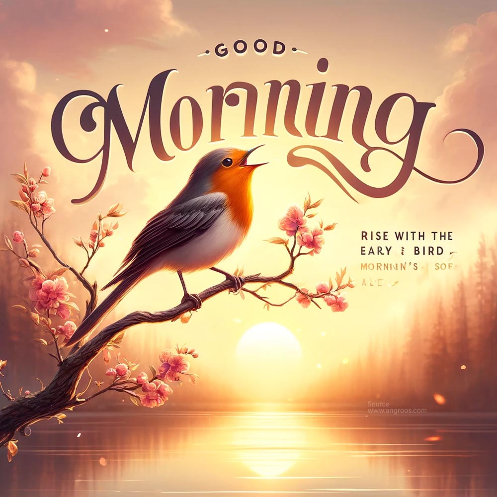 DALL┬╖E 2024 05 18 08.08.58 A beautiful good morning wish image featuring an early bird perched on a branch in a serene landscape at dawn. The scene captures the bird singing its India's Favourite Online Gift Shop