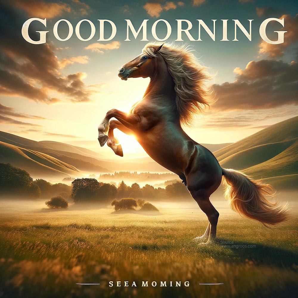 DALL┬╖E 2024 05 18 08.09.17 A captivating good morning wish image featuring a horse rearing up in a scenic meadow at dawn. The scene captures the powerful and graceful movement o India's Favourite Online Gift Shop