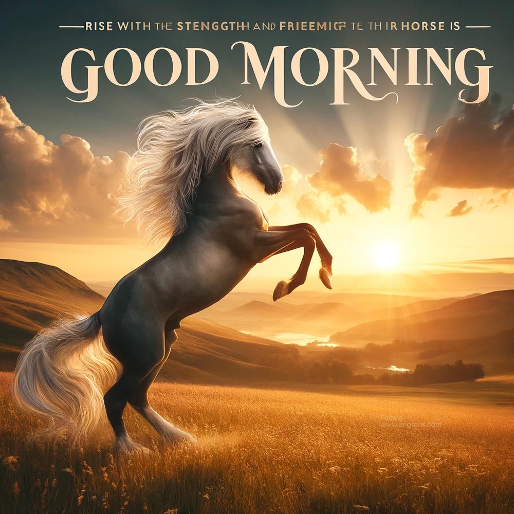 DALL┬╖E 2024 05 18 08.09.21 A captivating good morning wish image featuring a horse rearing up in a scenic meadow at dawn. The scene captures the powerful and graceful movement o India's Favourite Online Gift Shop