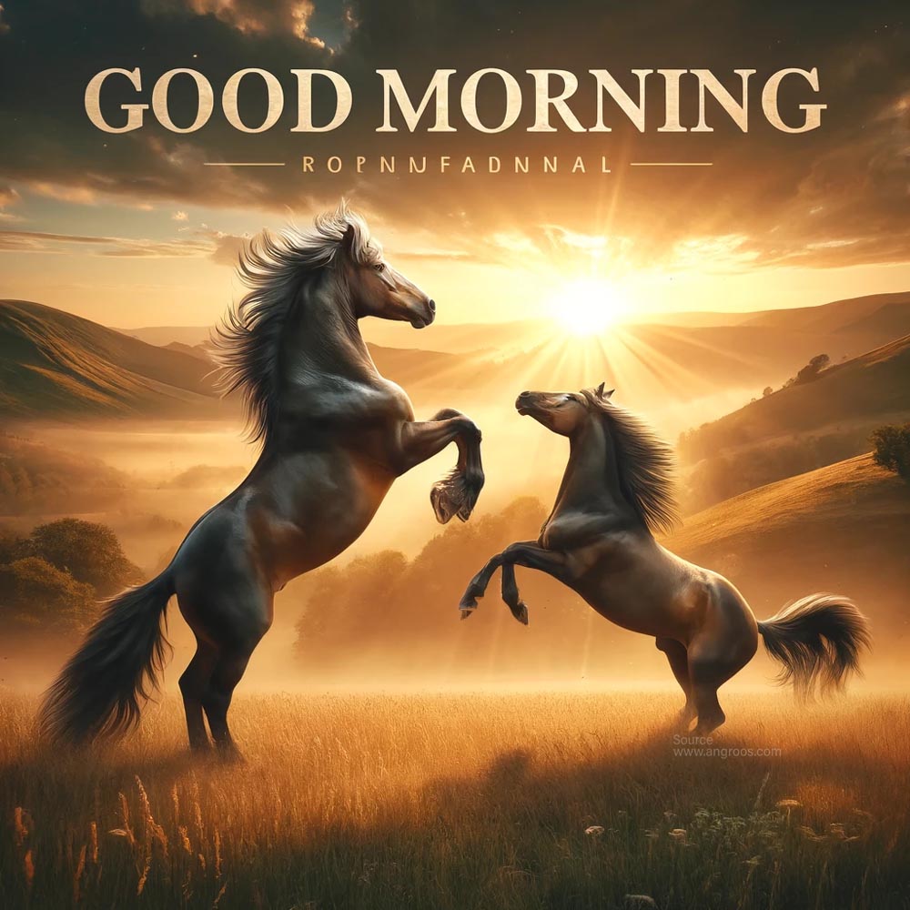 DALL┬╖E 2024 05 18 08.09.23 A captivating good morning wish image featuring two horses rearing up in a scenic meadow at dawn. The scene captures the powerful and graceful movemen 1 India's Favourite Online Gift Shop