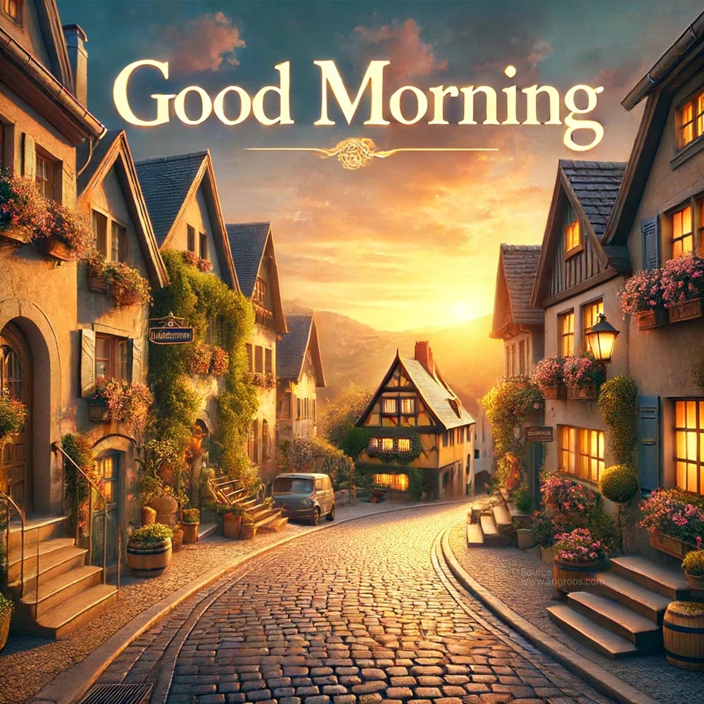 DALL┬╖E 2024 06 14 11.36.21 A unique good morning wish image featuring a charming European village at sunrise. The scene includes cobblestone streets quaint houses with colorful India's Favourite Online Gift Shop