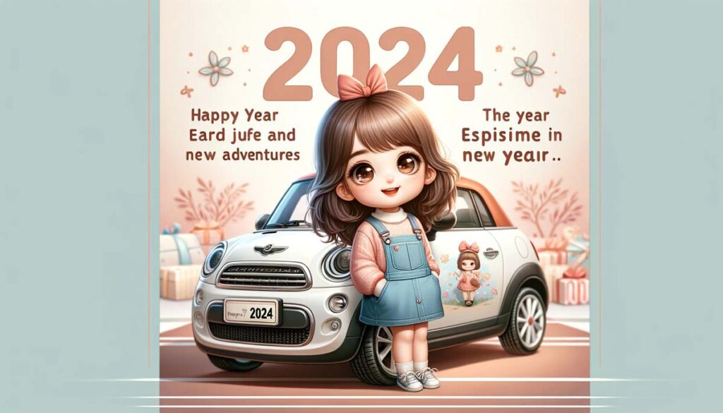 Happy New year Cartoon girl and car