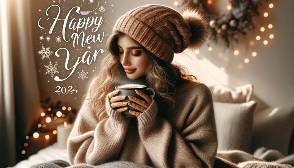 Happy New year woolen dressed girl wishes