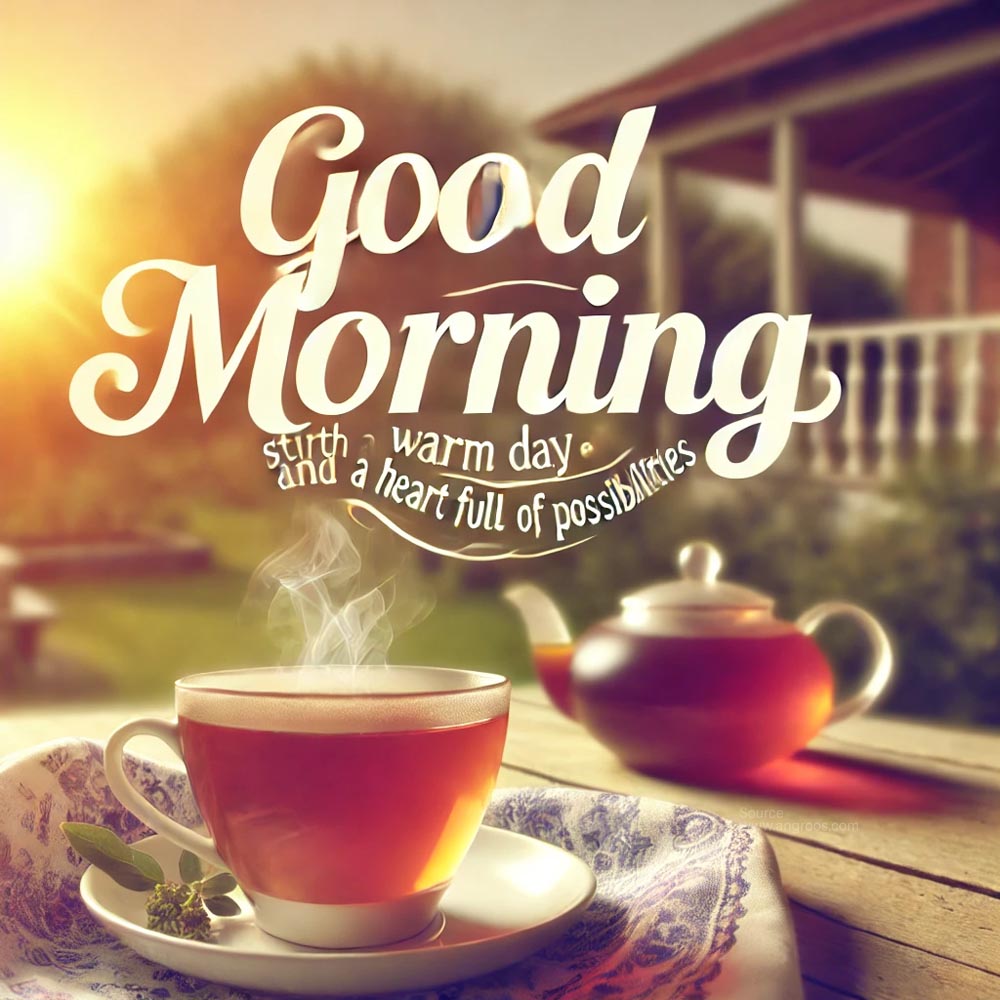 good morning image featuring a cup of tea in a serene setting at sunrise India's Favourite Online Gift Shop