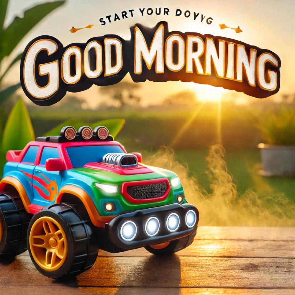 good morning image featuring a toy car in a playful setting at sunrise India's Favourite Online Gift Shop