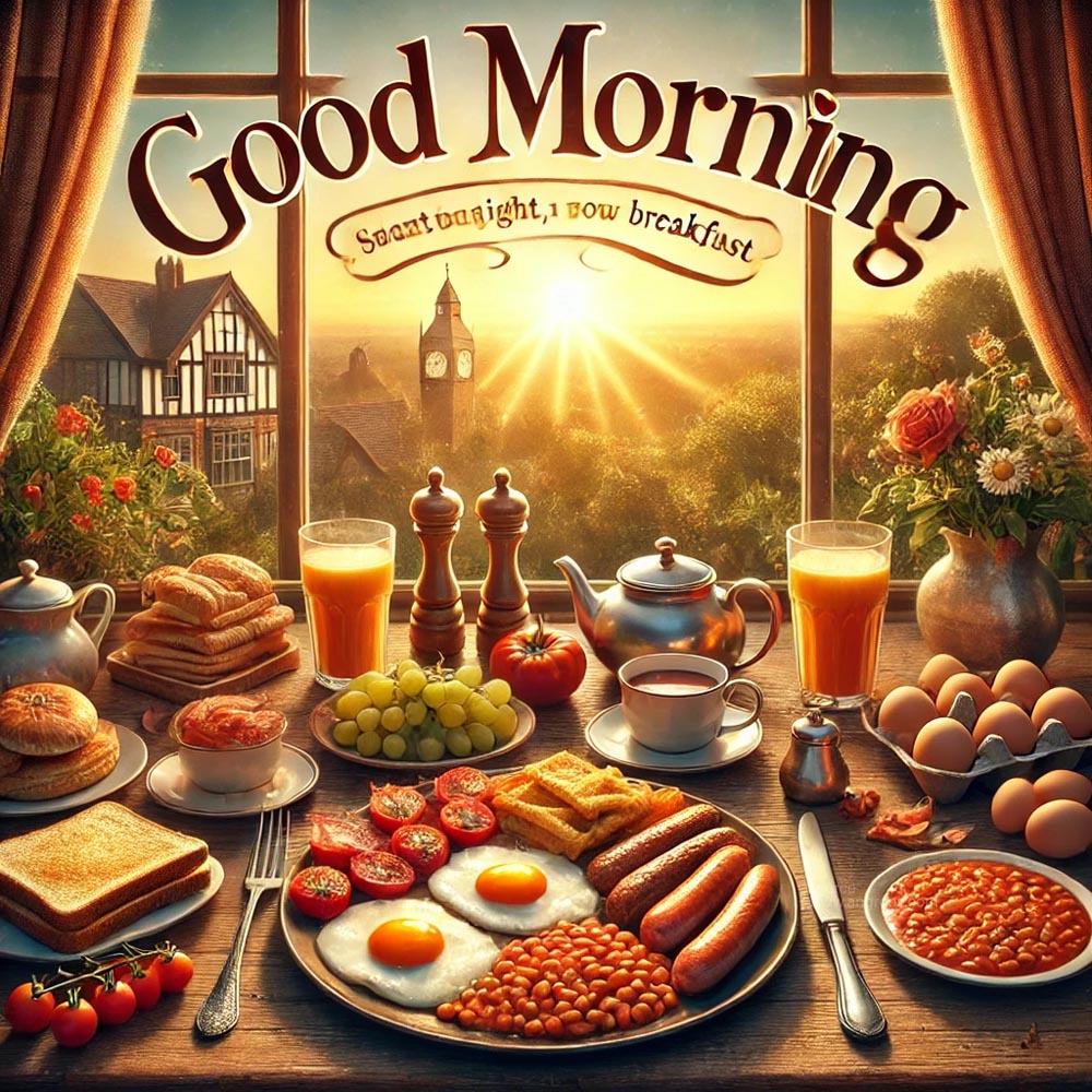 good morning image featuring a traditional English breakfast in a serene setting at sunrise India's Favourite Online Gift Shop