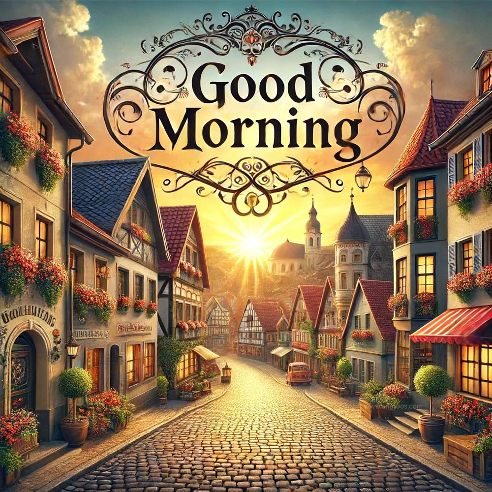 good morning wish image featuring a charming European village at sunrise India's Favourite Online Gift Shop