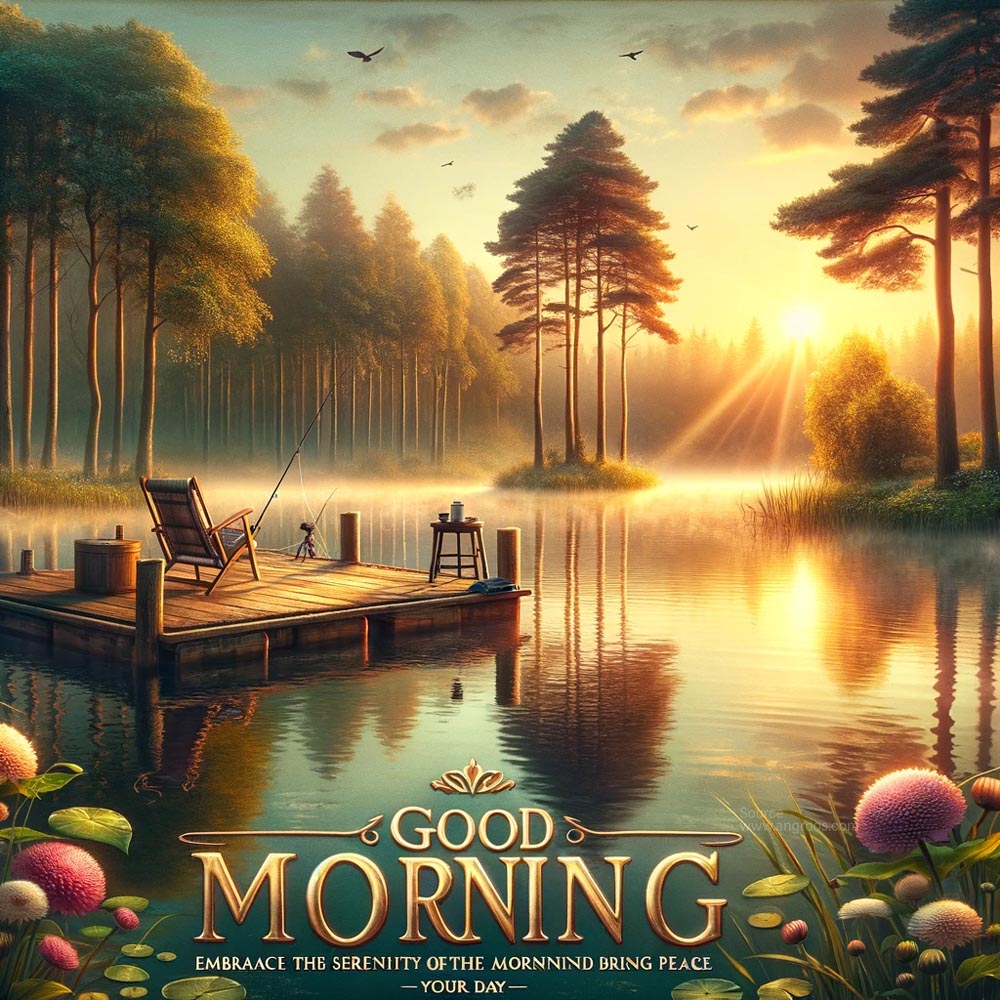 good morning wish image featuring a tranquil lakeside scene at sunrise India's Favourite Online Gift Shop