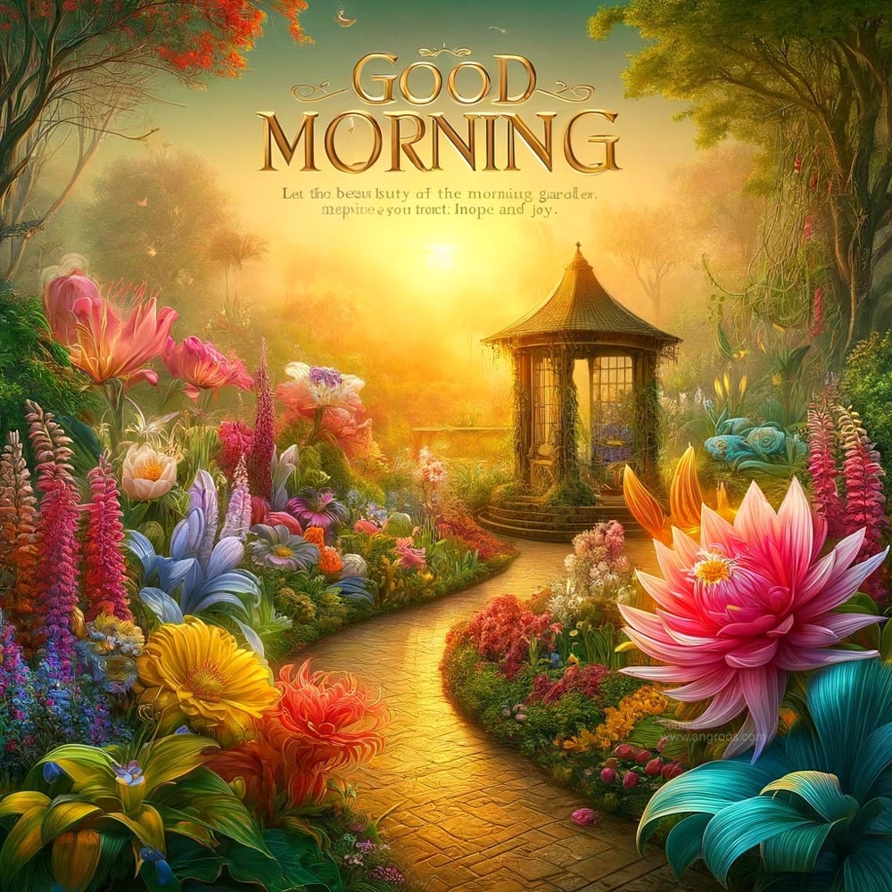 good morning wish image featuring a vibrant garden scene at dawn India's Favourite Online Gift Shop