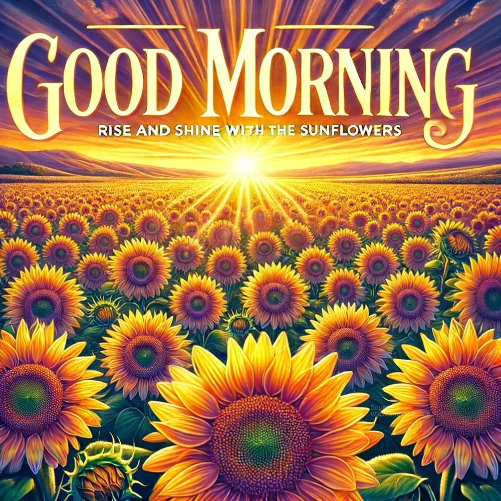 good morning wish image featuring a vibrant sunflower field at sunrise India's Favourite Online Gift Shop