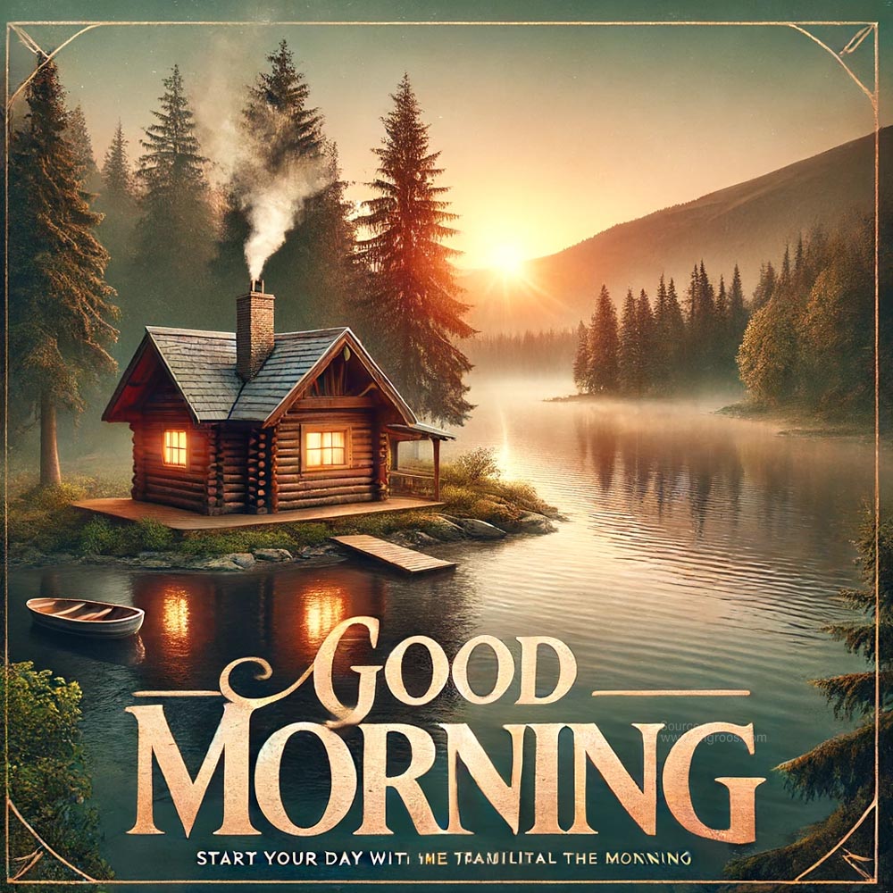 morning wish image featuring a serene lakeside cabin at sunrise India's Favourite Online Gift Shop