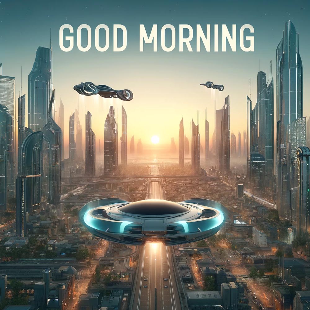 unique good morning wish image featuring a futuristic cityscape at dawn India's Favourite Online Gift Shop