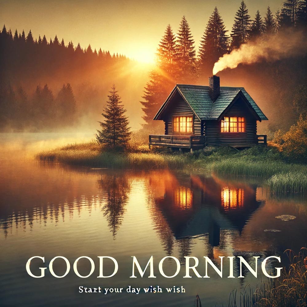 unique good morning wish image featuring a serene lakeside cabin at sunrise India's Favourite Online Gift Shop