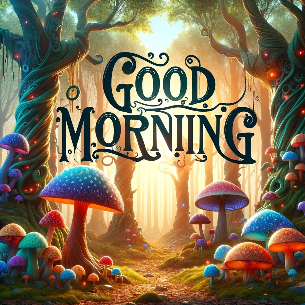 unique good morning wish image featuring a whimsical forest at dawn.