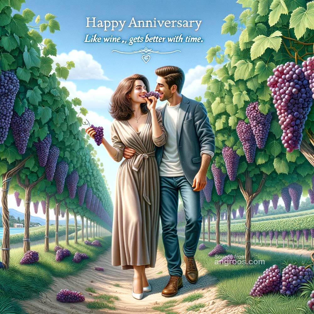 Happy Anniversary couple eating grapes
