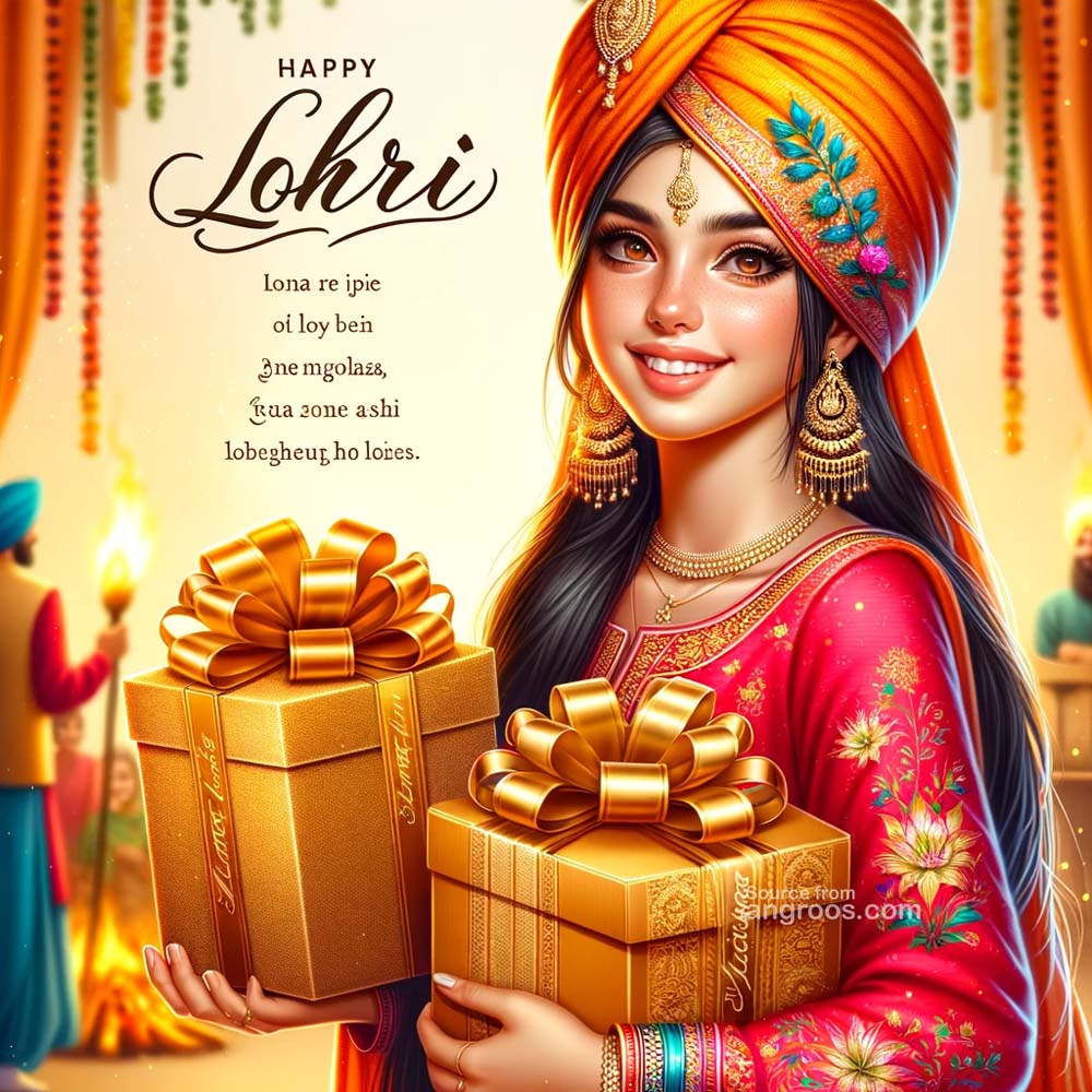 DALL·E 2024 01 08 10.06.40 Design a realistic image of a young Indian girl holding two luxury gift boxes one with a golden ribbon named Angroos along with Lohri wishes and a India's Favourite Online Gift Shop