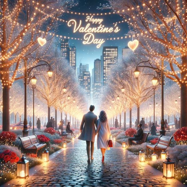 Valentine S Day Wishes For 2024 Romantic Images Greetings   DALL·E 2024 01 18 09.24.07 A Charming And Realistic Valentines Day Image Depicting A Couple Having A Romantic Evening Walk In A Beautifully Lit City Park. The Scene Is Set Unde 600x600 