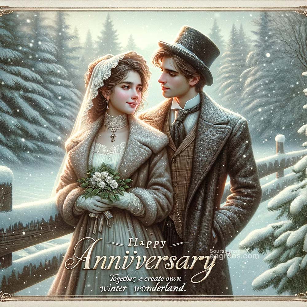 Happy Anniversary snow covered couple
