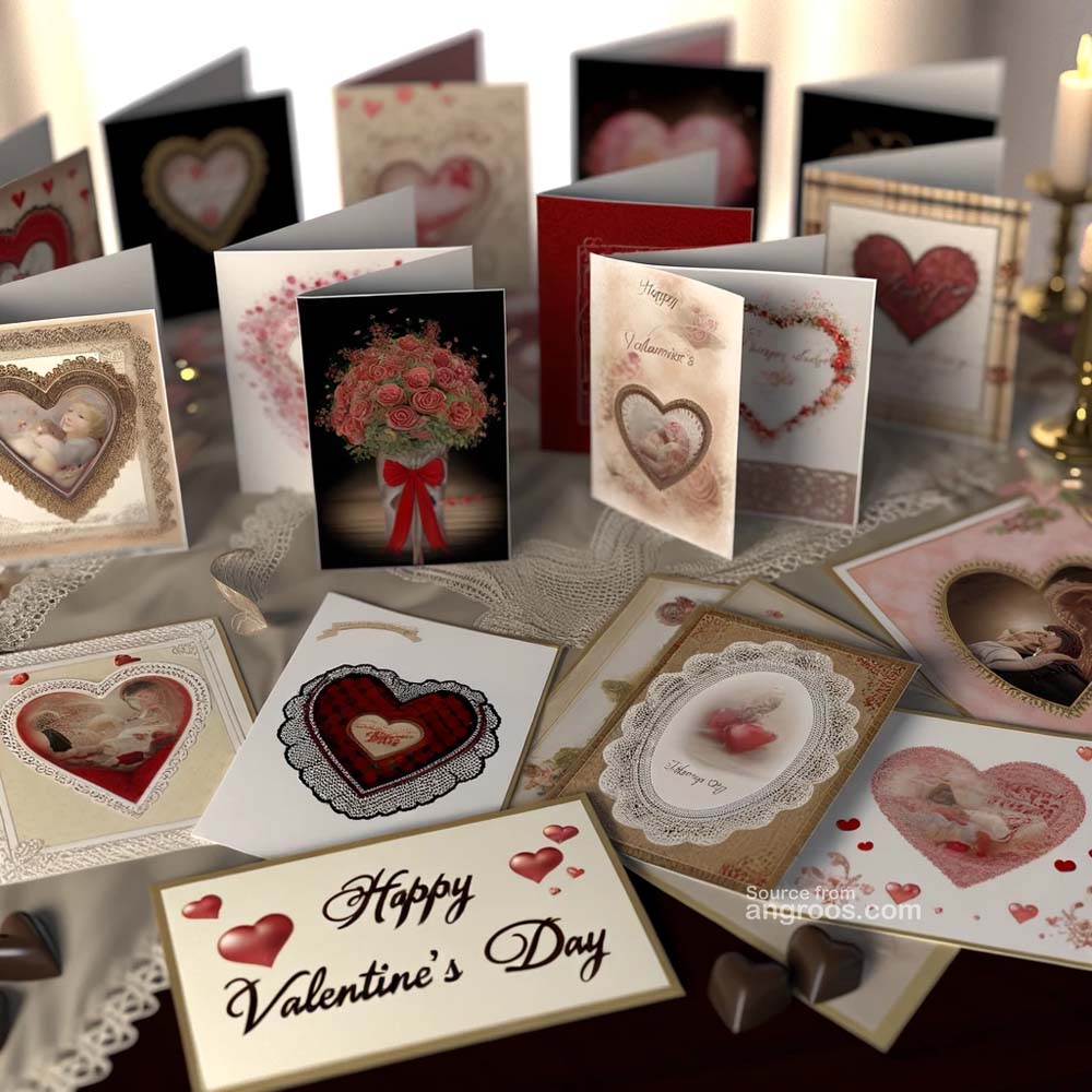 DALL·E 2024 02 13 14.57.18 Create an ultra realistic image featuring a collection of romantic greeting cards as a central theme for Valentines Day. The greeting cards should be India's Favourite Online Gift Shop