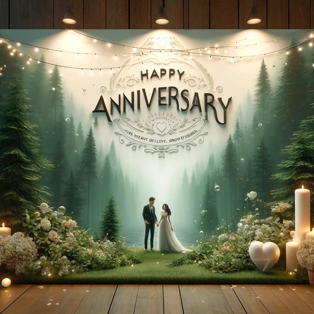 DALL┬╖E 2024 05 20 22.40.40 Create an ultra realistic and unique anniversary greeting card design with a big elegant and romantic Happy Anniversary text featuring a vector 3D India's Favourite Online Gift Shop