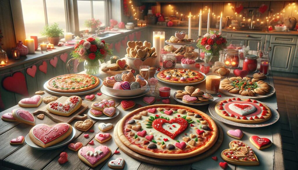 Heart-Shaped Foods Pizzas cookies, etc.