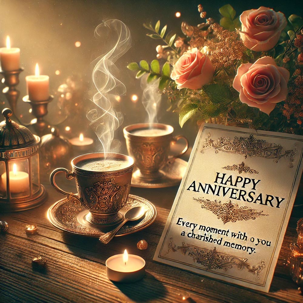 anniversary greeting card design featuring two romantic coffee cups India's Favourite Online Gift Shop
