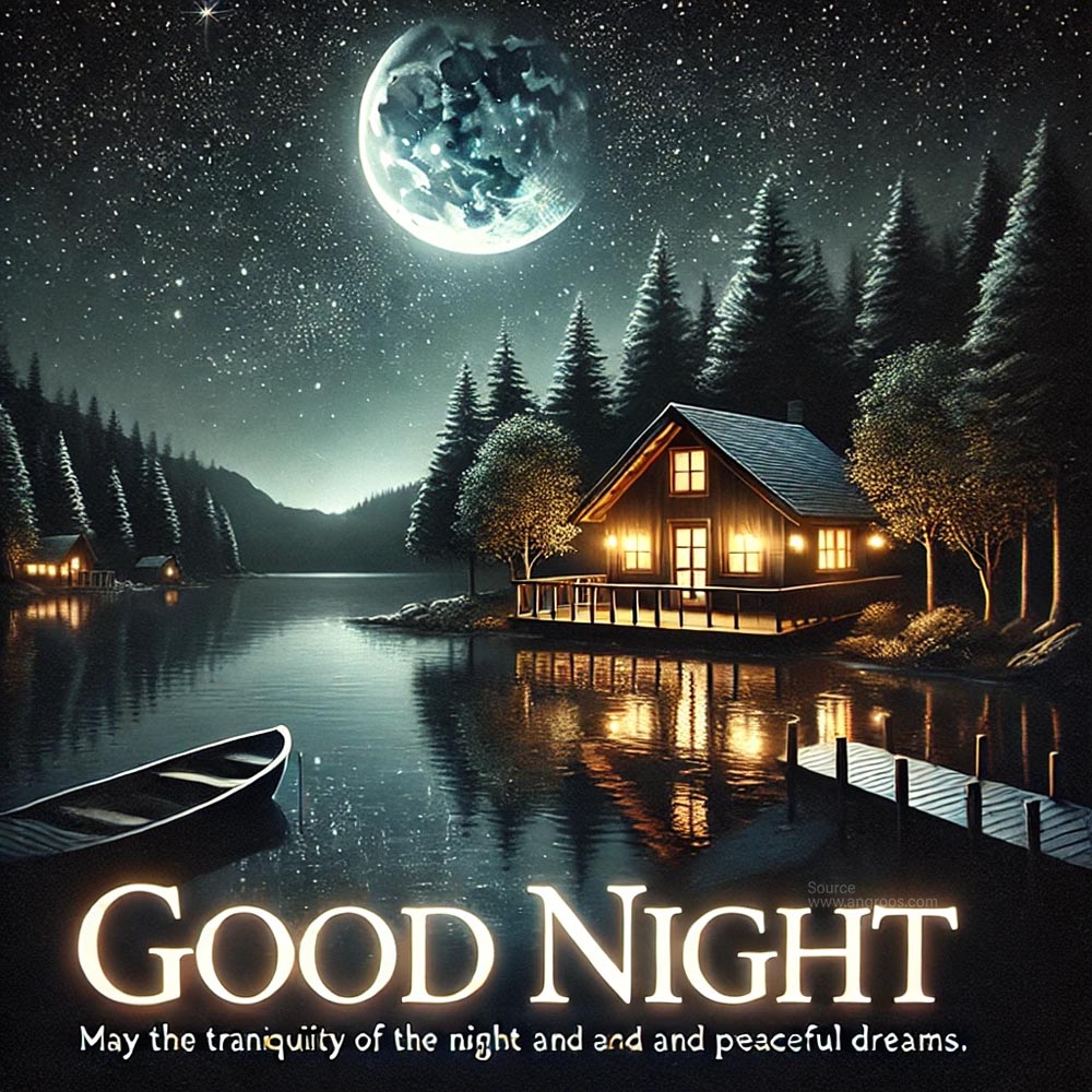 good night wish image featuring a tranquil lakeside cabin under a starry night sky India's Favourite Online Gift Shop