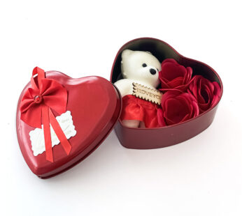 Captivating heart shape metal box with florona red rose and small teddy bear