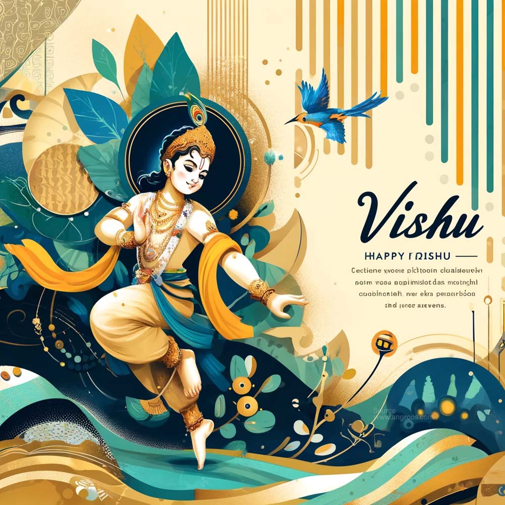 DALL·E 2024 04 09 11.48.59 A Vishu greeting card design that captures both tradition and modernity featuring a charming and elegant depiction of Lord Krishna in a contemporary India's Favourite Online Gift Shop