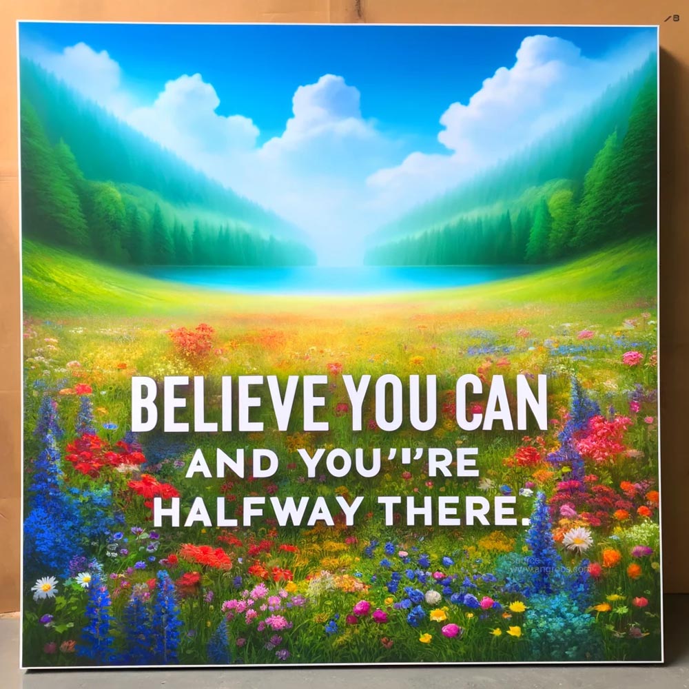 DALL┬╖E 2024 05 18 08.37.29 A highly realistic and vibrant square image featuring the motivational quote Believe you can and youre halfway there. The background displays a bea India's Favourite Online Gift Shop