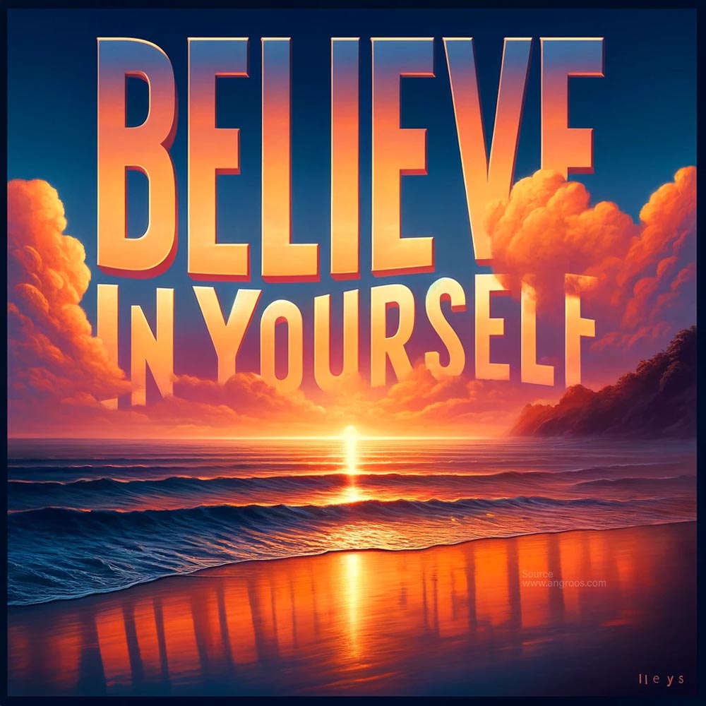 DALL┬╖E 2024 05 18 08.40.52 A highly realistic and vibrant square image featuring the motivational quote Believe in yourself. The background showcases a peaceful beach at sunse India's Favourite Online Gift Shop