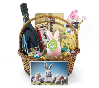 Blissful easter egg gift hamper filled with sparkling grape juice, chocolates, and more