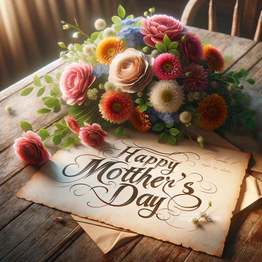 DALL┬╖E 2024 03 11 18.54.09 An ultra realistic image for Mothers Day wishes featuring a beautiful bouquet of mixed flowers in vibrant colors a heartfelt handwritten note sayin India's Favourite Online Gift Shop