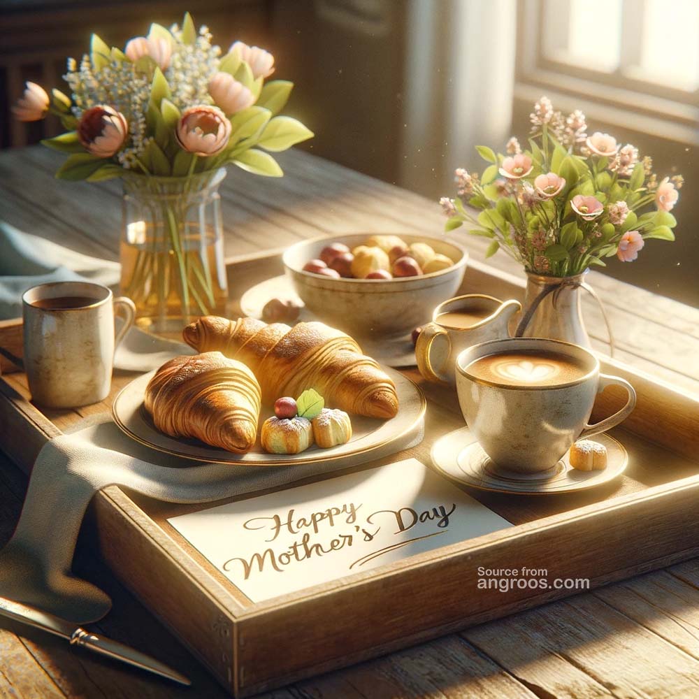 DALL┬╖E 2024 03 11 18.56.43 An ultra realistic image for Mothers Day wishes depicting a cozy morning scene with a breakfast tray laid out with care. The tray includes a cup of India's Favourite Online Gift Shop