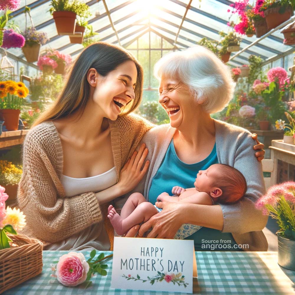 DALL┬╖E 2024 03 11 18.57.15 Generate an ultra realistic square image for Mothers Day showing a young mother and a grandmother sitting together in a bright flower filled conser India's Favourite Online Gift Shop