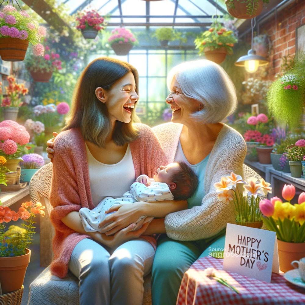 DALL┬╖E 2024 03 11 18.57.17 Generate an ultra realistic square image for Mothers Day showing a young mother and a grandmother sitting together in a bright flower filled conser India's Favourite Online Gift Shop